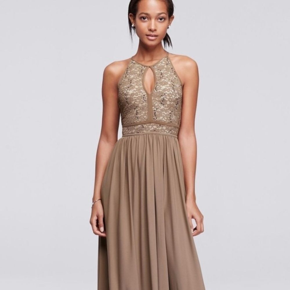 Morgan & Co. Taupe Sequin Halter Maxi Dress Keyhole Formal Gown 4